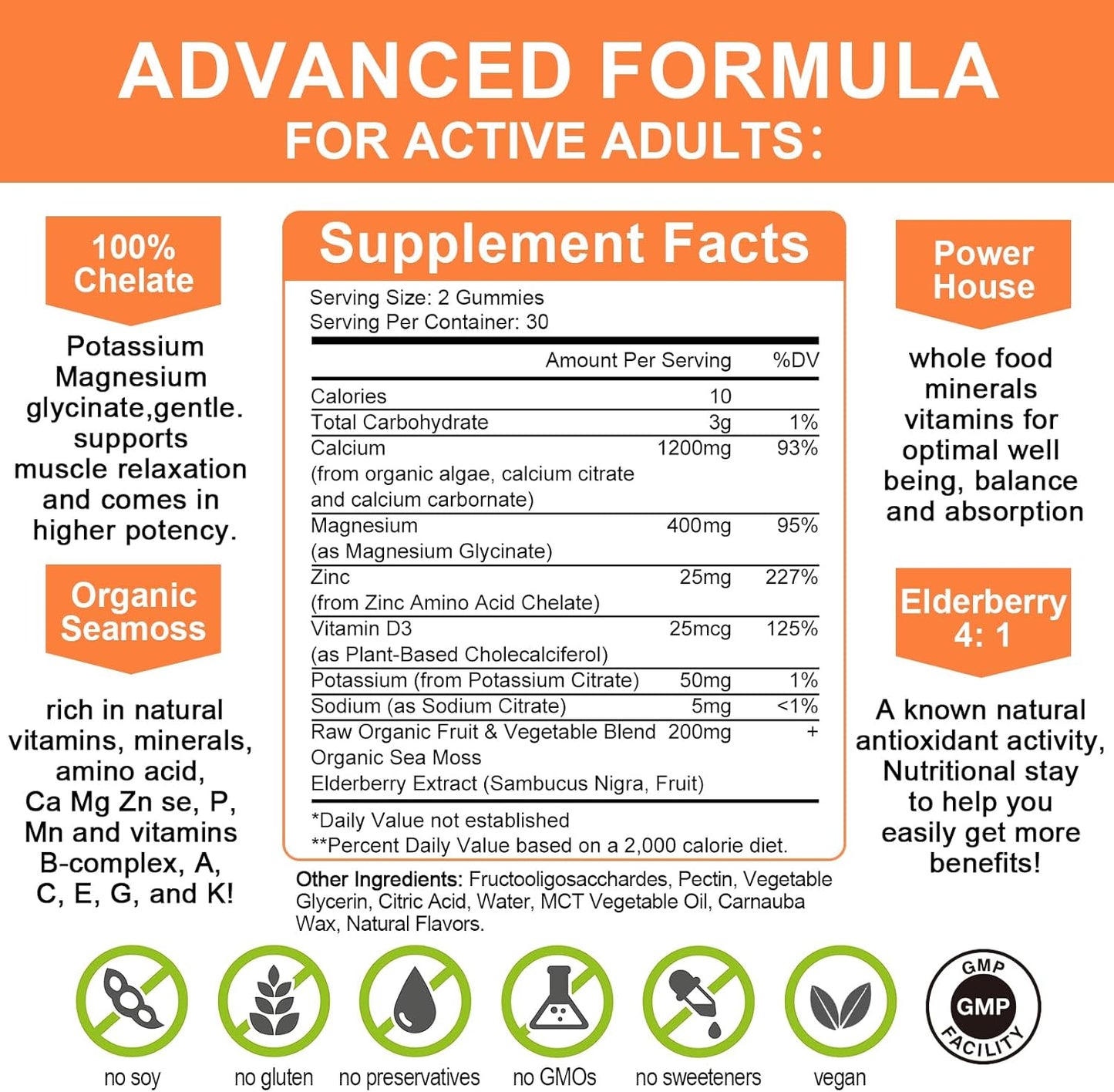 Plant-Based Calcium Gummies with D3, Zinc, Magnesium, Potassium, Vitamin C - Bone & Immune Support - Sugar-Free Chewable Gummy (1 Pack)