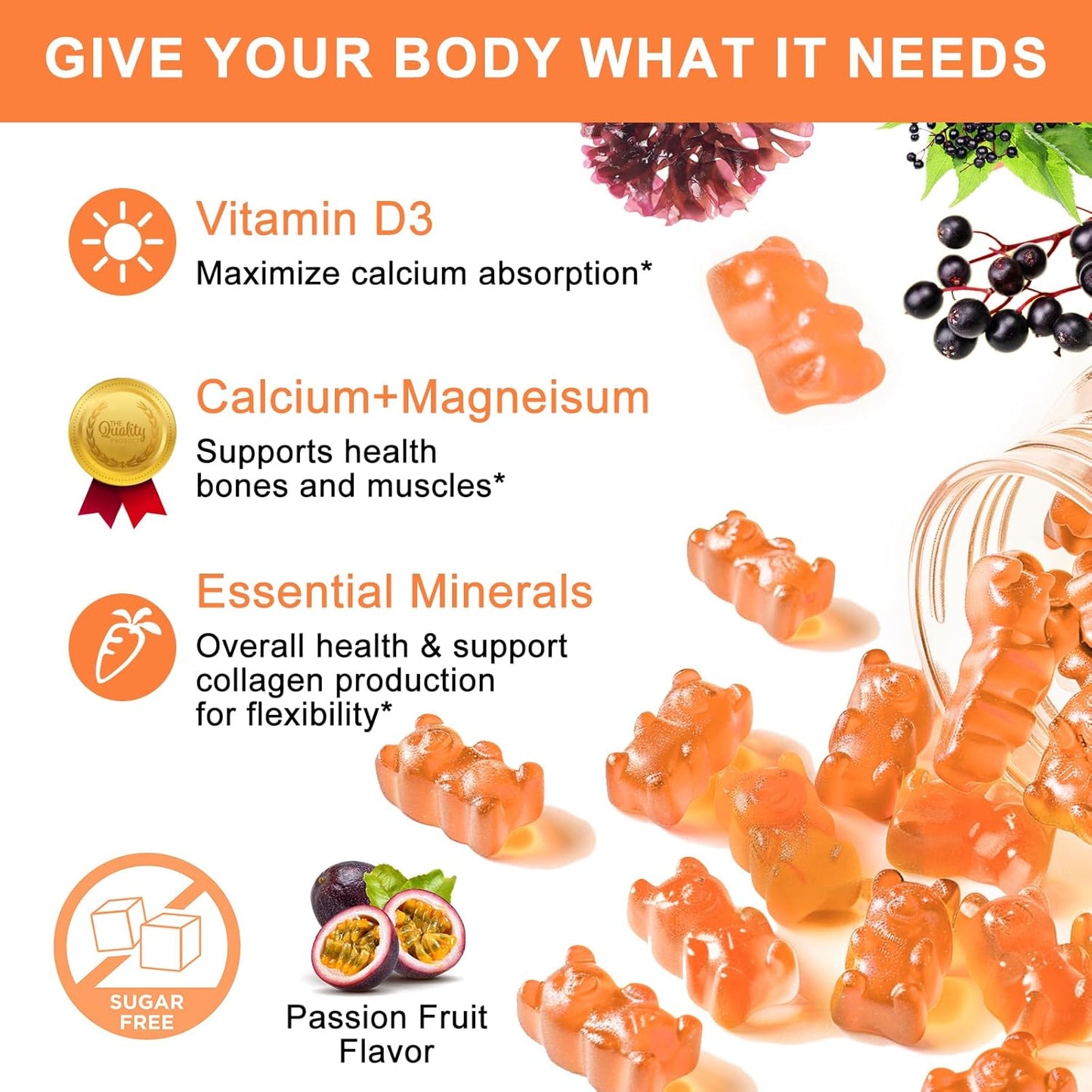 Plant-Based Calcium Gummies with D3, Zinc, Magnesium, Potassium, Vitamin C - Bone & Immune Support - Sugar-Free Chewable Gummy (1 Pack)