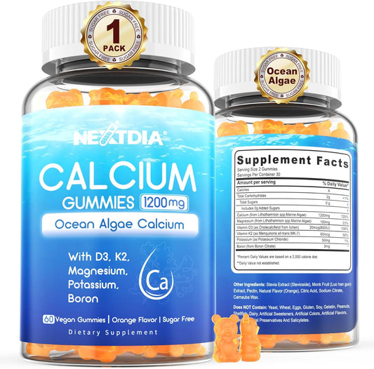 Plant Based Calcium Supplement with Vitamin D3, K2, Magnesium - 1200mg 600mg Ocean Algae Calcium - Bone Strength, Teeth Health, Muscle - Vegan Gummies, Sugar Free - 1 Pack