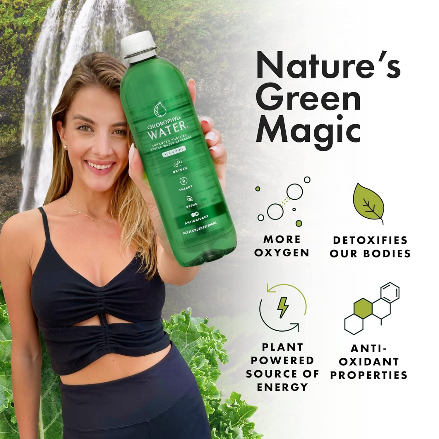 Plant-Based Chlorophyll Water Infused with Vitamins for Antioxidants, Detox, Energy, and Immune Support - 12pk