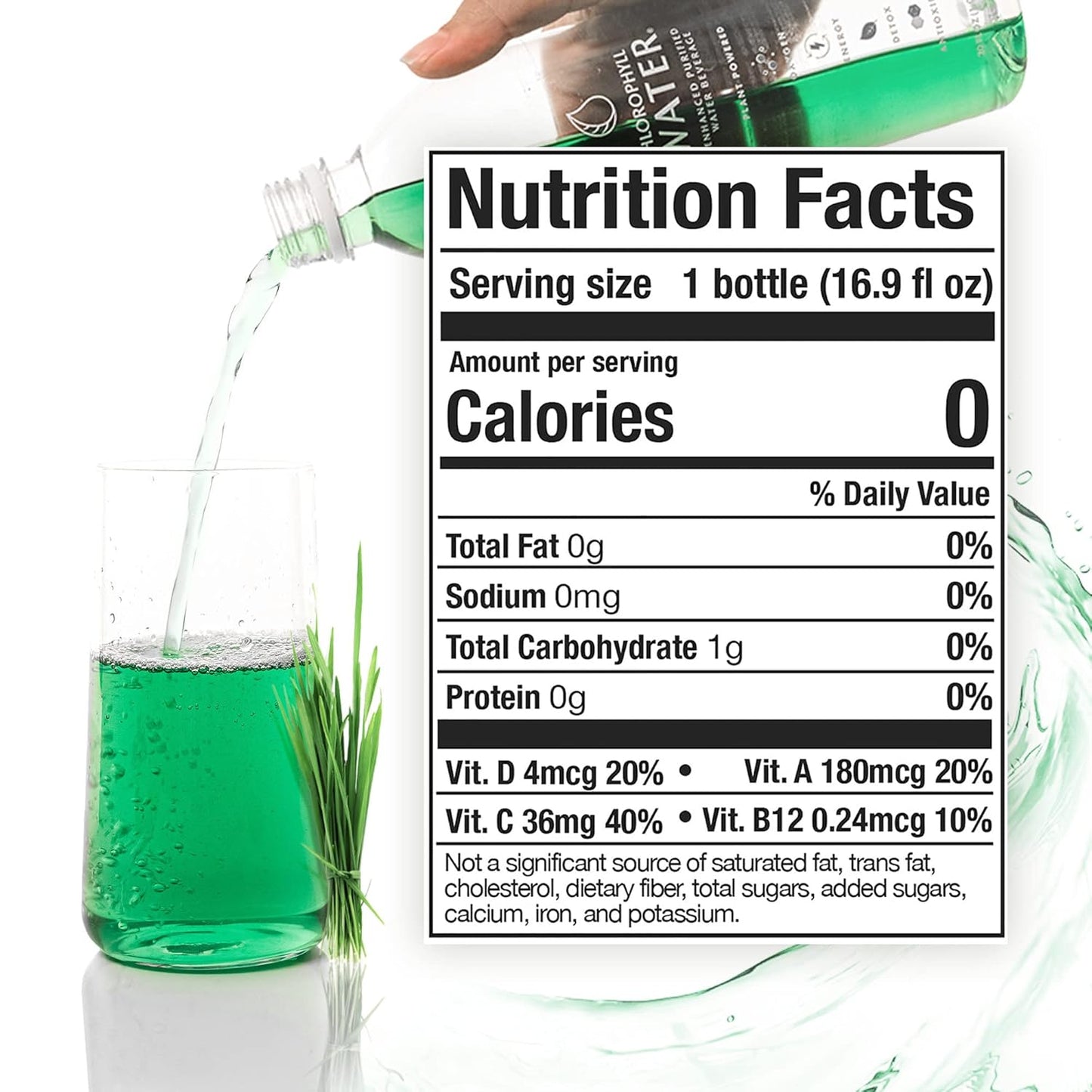 Plant-Based Chlorophyll Water Infused with Vitamins for Antioxidants, Detox, Energy, and Immune Support - 12pk