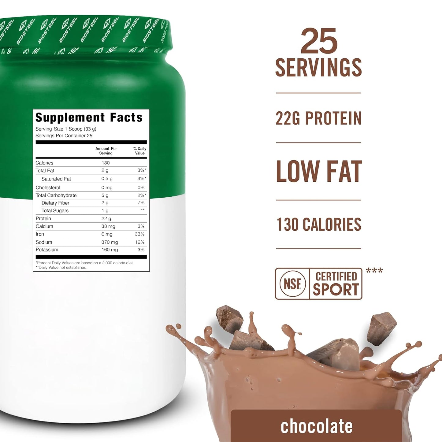 Plant-Based Chocolate Protein Powder - BioSteel Vegan Powder, NSF Certified, 1.8 lbs, 22g Protein, 25 Servings - Brown Rice, Pea, & Pumpkin Seed Blend