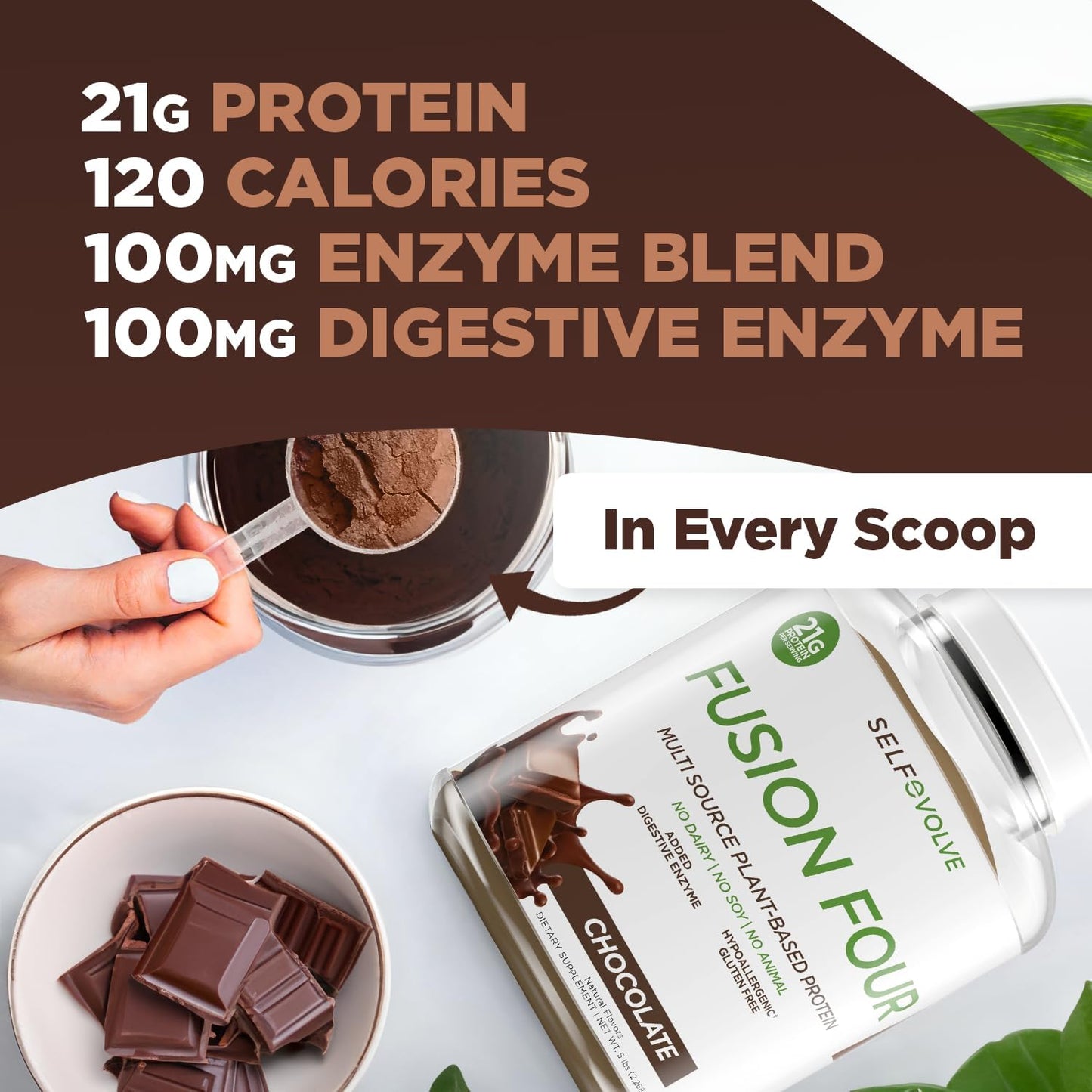 Plant-Based Chocolate Protein Powder with BCAA's - 21g Protein - Gluten, Dairy, and Soy-Free - 5lbs