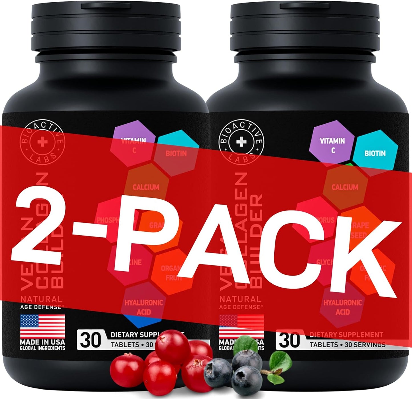 Plant-Based Collagen Builder Tablets, Vegan Collagen Powder Alternative with Vitamins and Minerals - 2-Pack 60 Pill Vegan Collagen Supplements by BIOACTIVE LABS