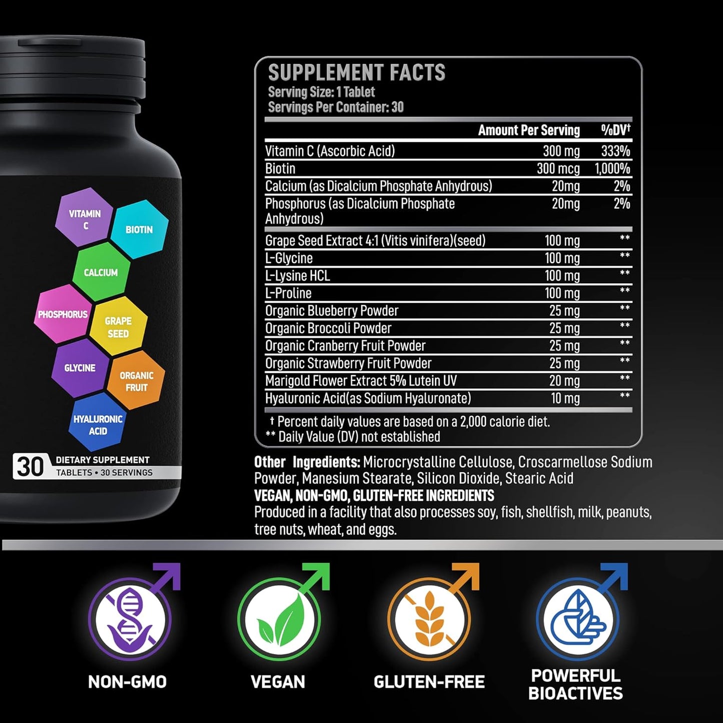 Plant-Based Collagen Builder Tablets, Vegan Collagen Powder Alternative with Vitamins and Minerals - 2-Pack 60 Pill Vegan Collagen Supplements by BIOACTIVE LABS