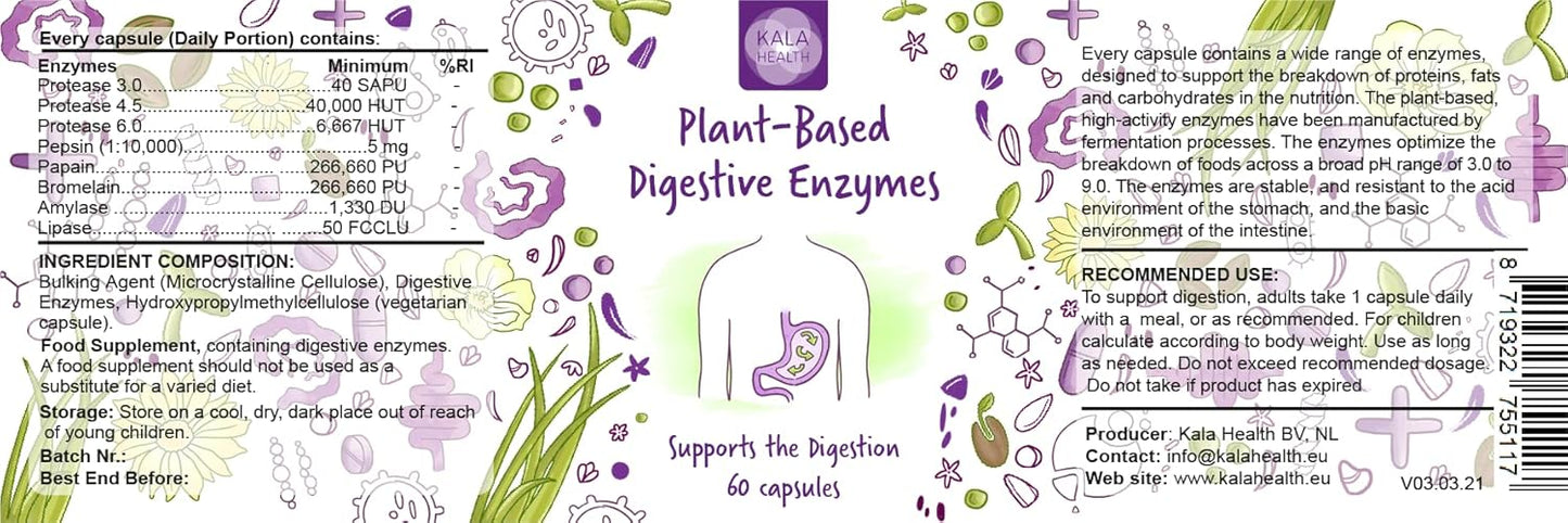Plant-Based Digestive Enzymes with High Activity for Optimal Food Breakdown - Resistant to Stomach Acid - 60 Capsules