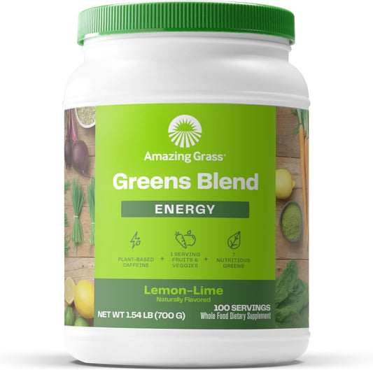 Plant-Based Energy Boost: Green Superfood Powder with Caffeine, Matcha, Flax Seed, Nootropic Support - Lemon Lime, 100 Servings