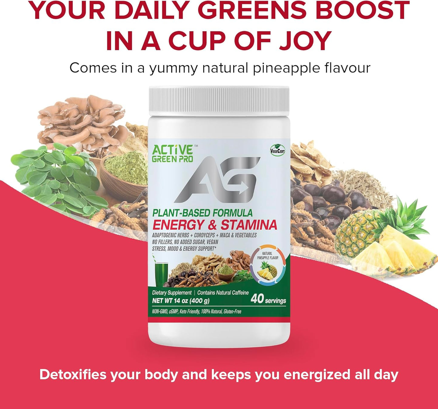 Plant-Based Energy & Stamina Powder with Adaptogenic Herbs, Cordyceps, Maca - No Fillers, 40 Servings