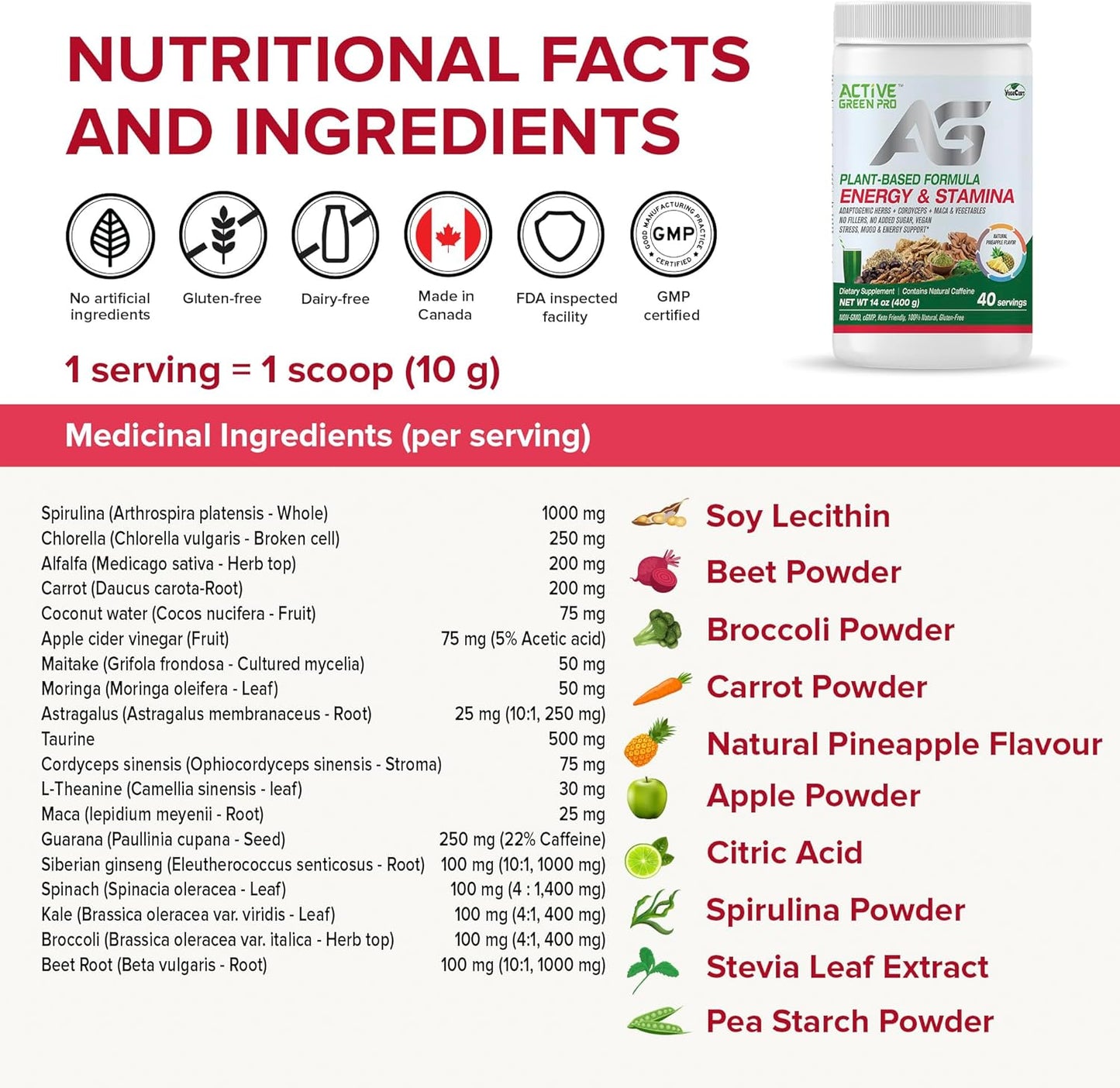 Plant-Based Energy & Stamina Powder with Adaptogenic Herbs, Cordyceps, Maca - No Fillers, 40 Servings