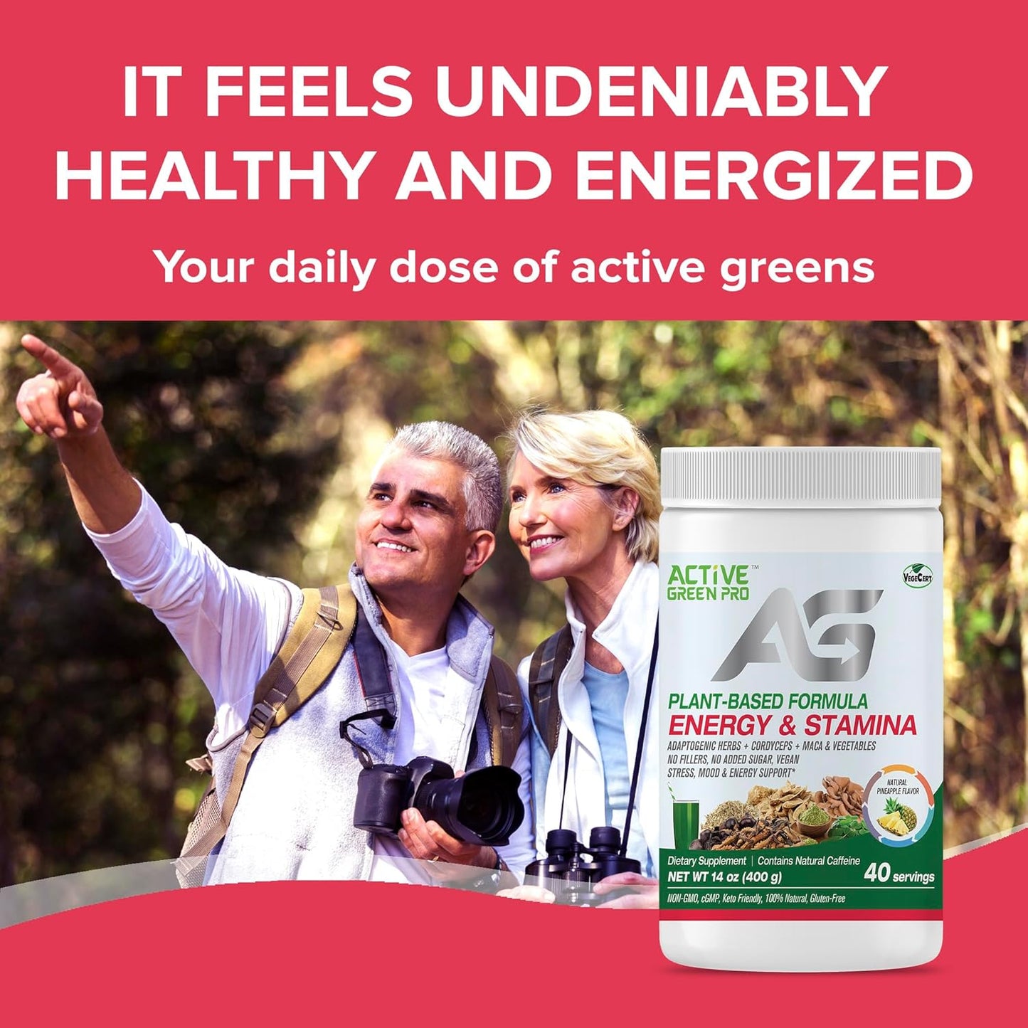 Plant-Based Energy & Stamina Powder with Adaptogenic Herbs, Cordyceps, Maca - No Fillers, 40 Servings