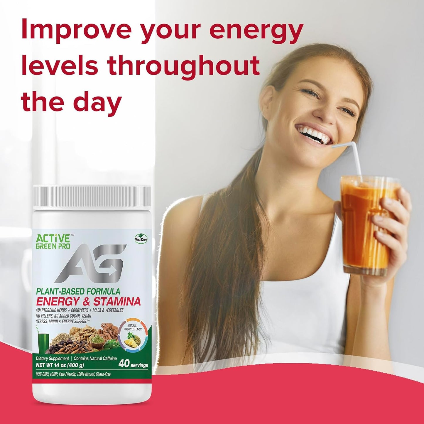 Plant-Based Energy & Stamina Powder with Adaptogenic Herbs, Cordyceps, Maca - No Fillers, 40 Servings