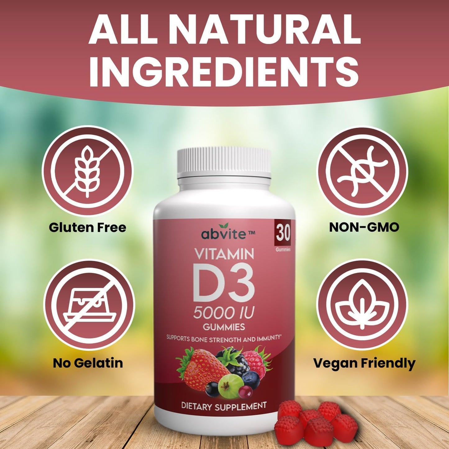 Plant-Based Extra Strength Vitamin D3 5000IU Gummies for Bone Health and Immunity - Gluten Free, No Artificial Flavors - Made in USA - 30 Count