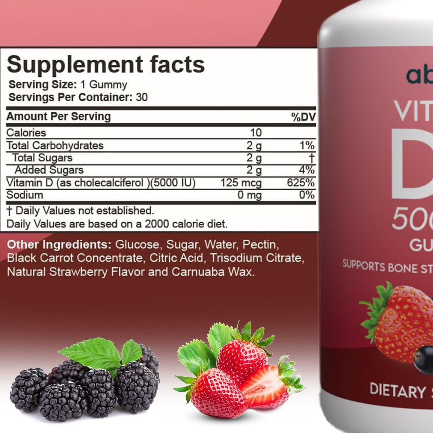 Plant-Based Extra Strength Vitamin D3 5000IU Gummies for Bone Health and Immunity - Gluten Free, No Artificial Flavors - Made in USA - 30 Count