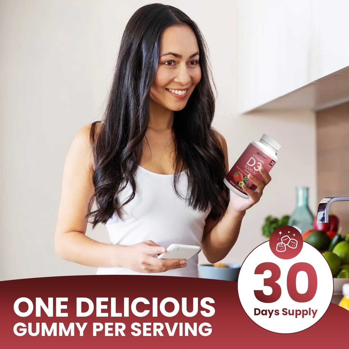 Plant-Based Extra Strength Vitamin D3 5000IU Gummies for Bone Health and Immunity - Gluten Free, No Artificial Flavors - Made in USA - 30 Count
