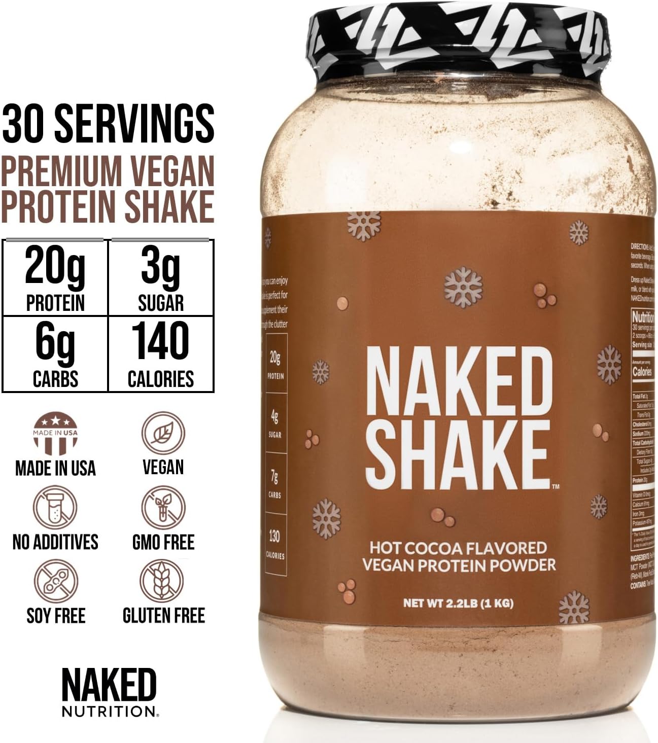 Plant-Based Hot Cocoa Protein Shake with MCT Oil - Naked Nutrition Shake Powder - 30 Servings - Gluten-Free & Soy-Free