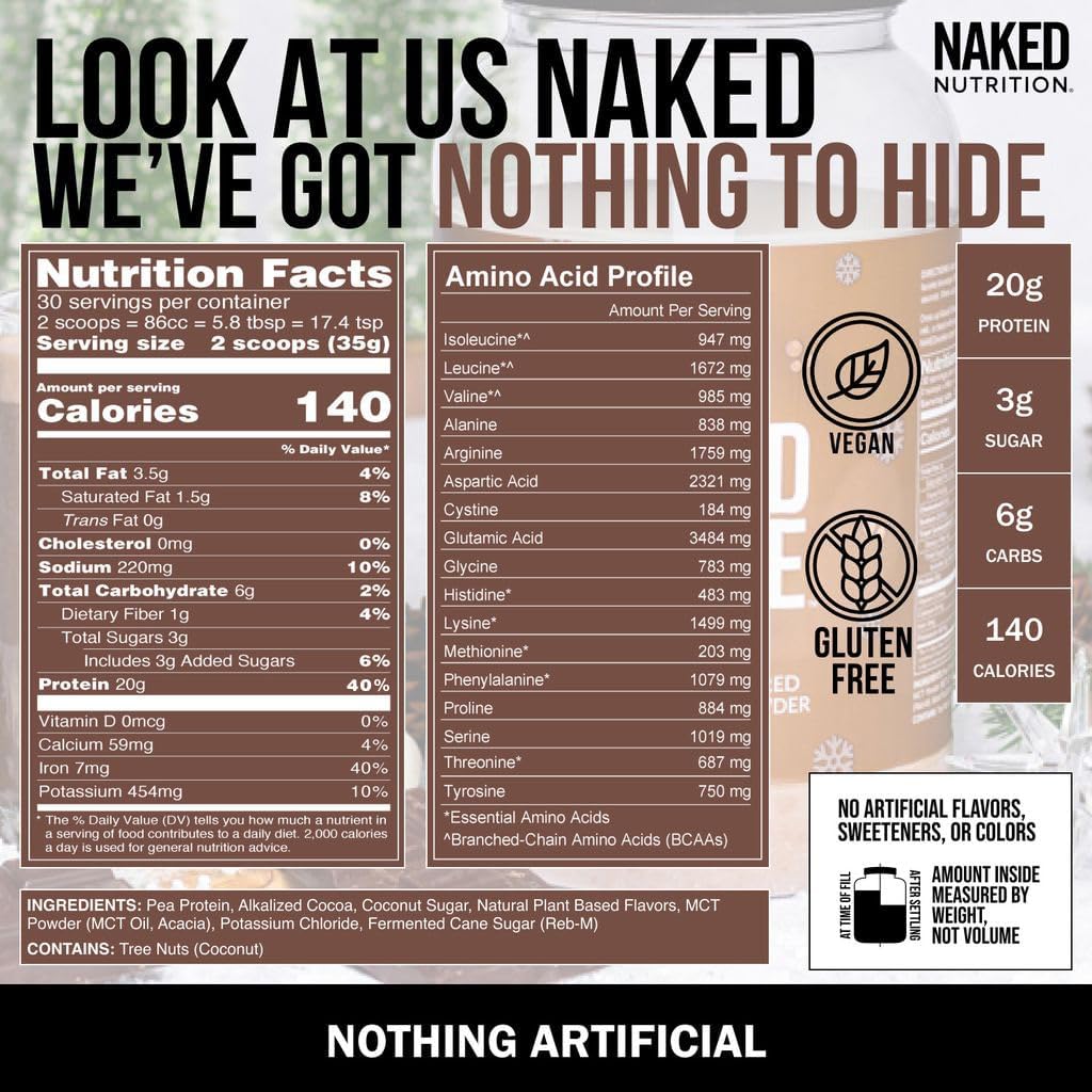 Plant-Based Hot Cocoa Protein Shake with MCT Oil - Naked Nutrition Shake Powder - 30 Servings - Gluten-Free & Soy-Free
