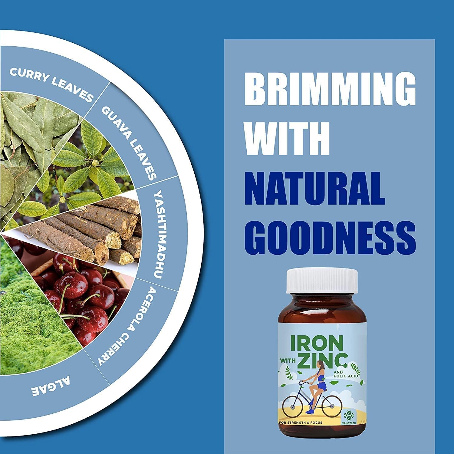 Plant Based Iron Folic Zinc Tablets for Anemia | Iron Supplements with Zinc & Folic Acid | Energy & Strength Booster | Brain Function & Athletic Performance Support