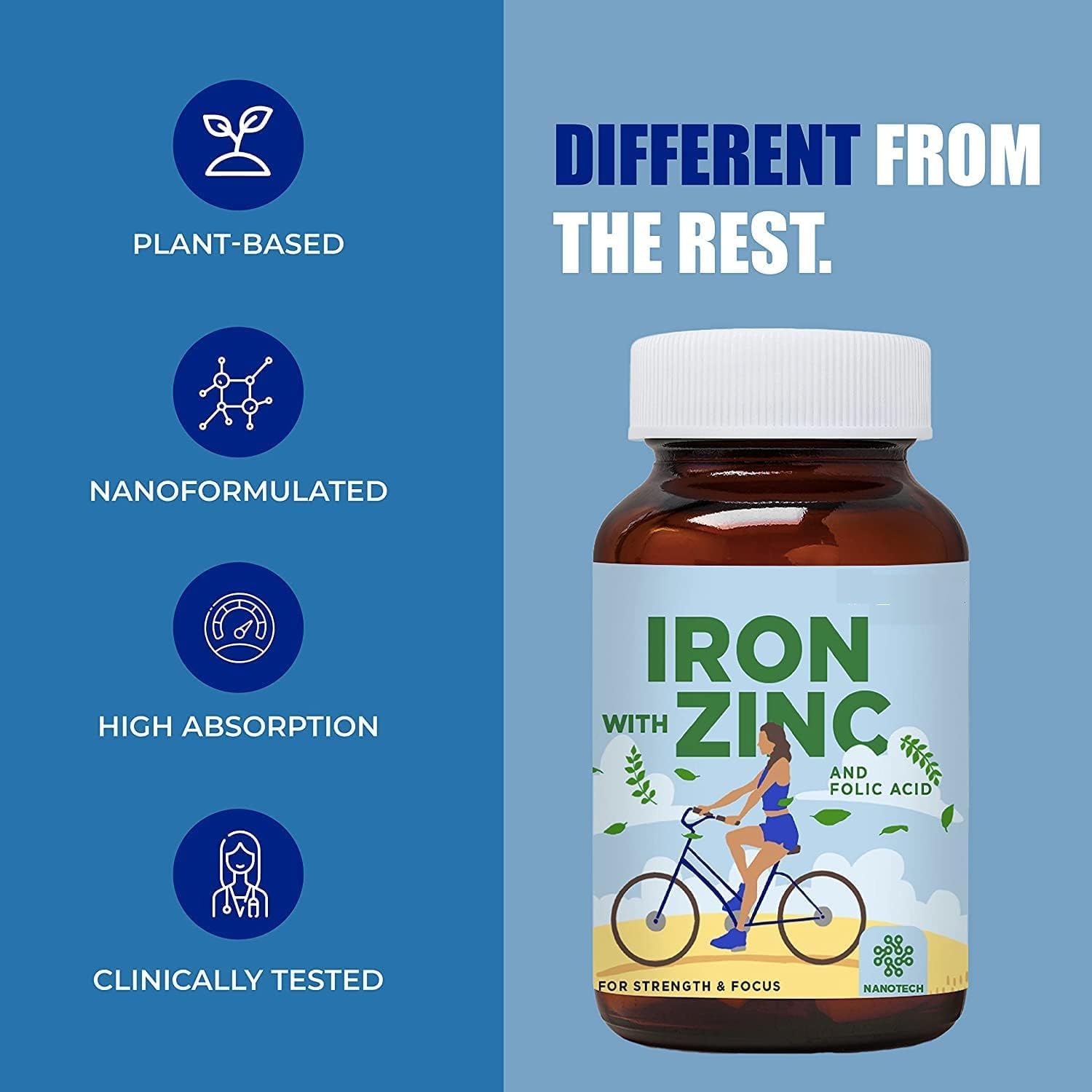Plant Based Iron Folic Zinc Tablets for Anemia | Iron Supplements with Zinc & Folic Acid | Energy & Strength Booster | Brain Function & Athletic Performance Support