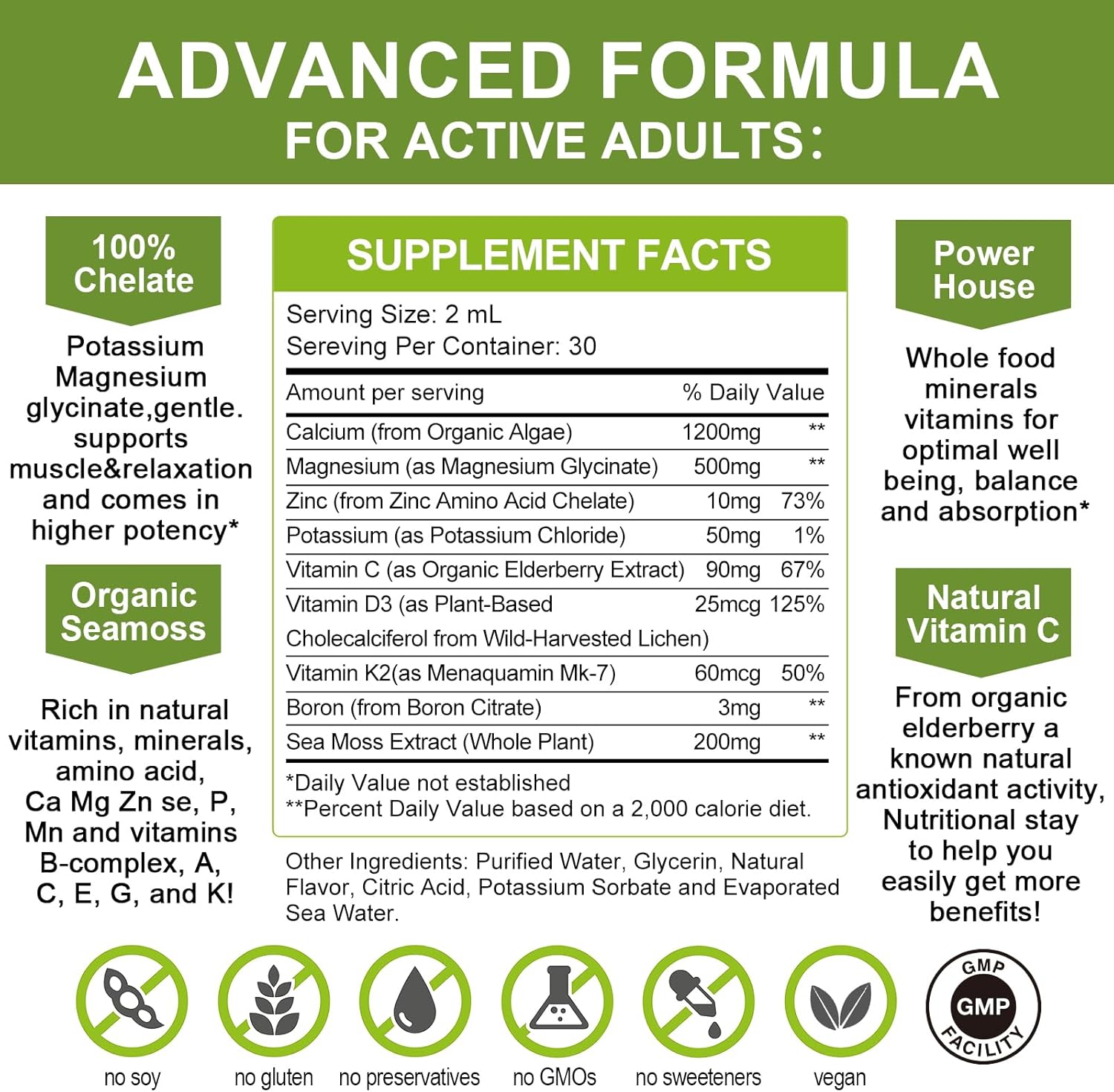 Plant-Based Liquid Calcium Magnesium Zinc Supplement with Vitamin D3, K2, and Vitamin C | Supports Heart and Bone Health | Gluten-Free, Sugar-Free | 30 Servings - Lemon Flavor