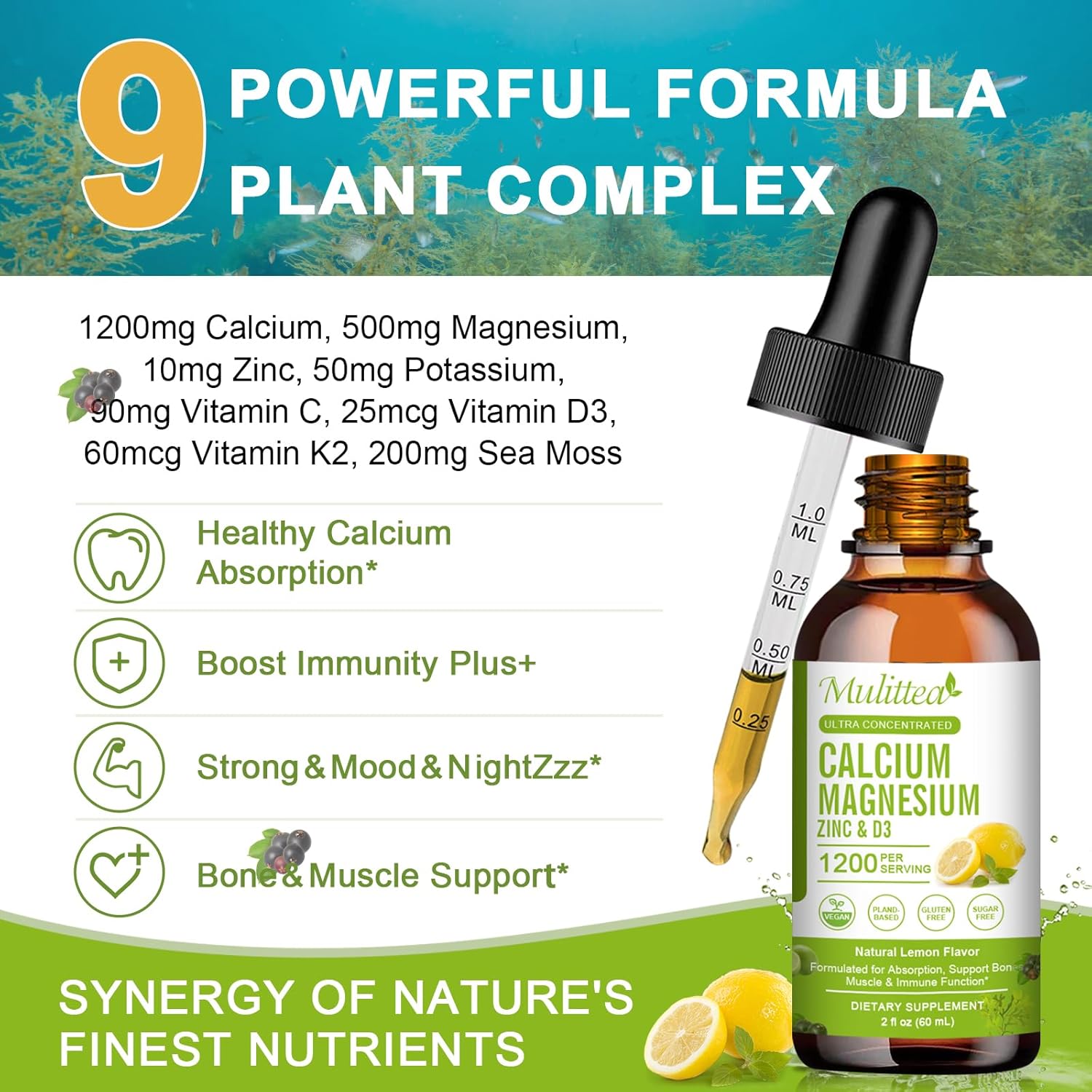 Plant-Based Liquid Calcium Magnesium Zinc Supplement with Vitamin D3, K2, and Vitamin C | Supports Heart and Bone Health | Gluten-Free, Sugar-Free | 30 Servings - Lemon Flavor