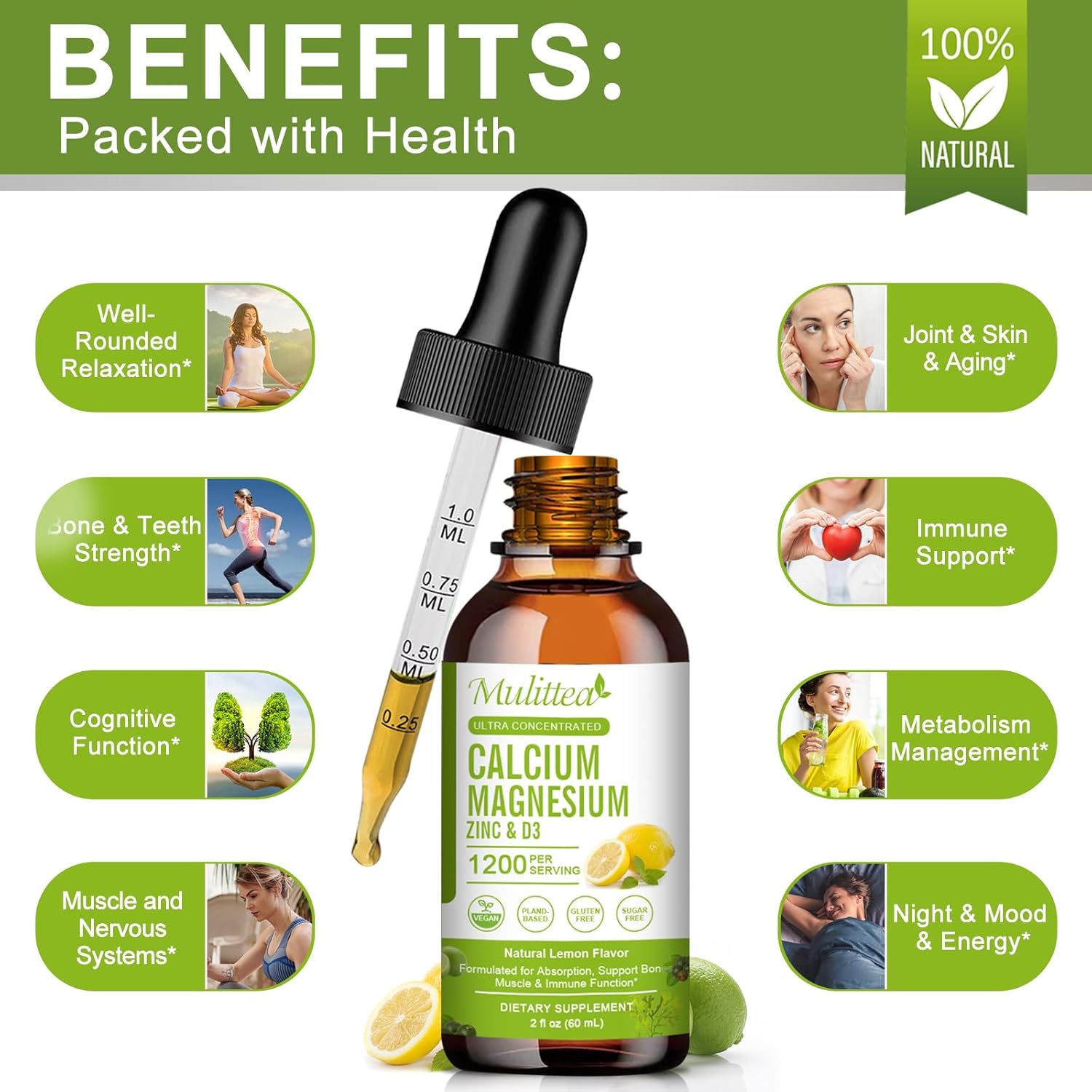 Plant-Based Liquid Calcium Magnesium Zinc Supplement with Vitamin D3, K2, and Vitamin C | Supports Heart and Bone Health | Gluten-Free, Sugar-Free | 30 Servings - Lemon Flavor