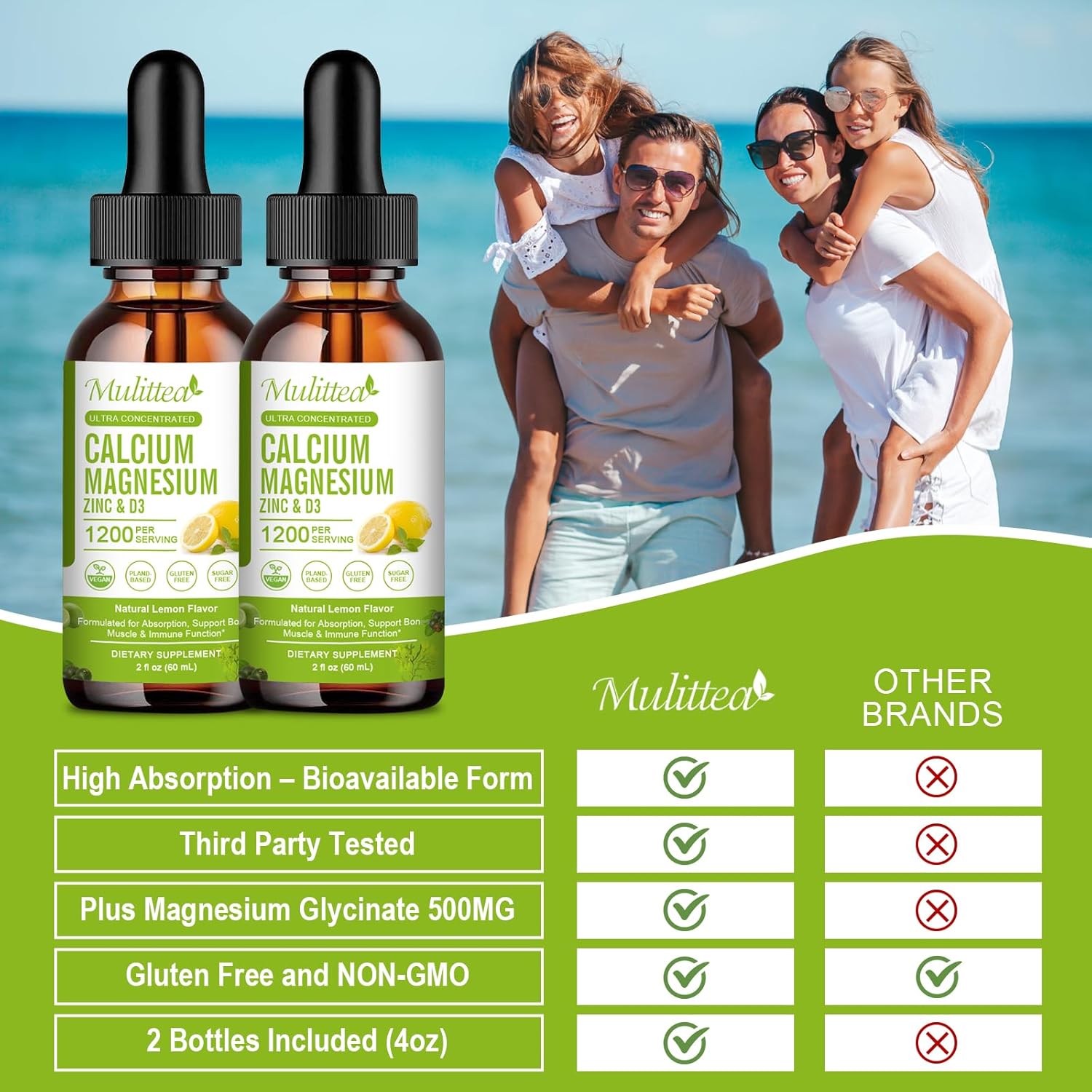 Plant-Based Liquid Calcium Magnesium Zinc Supplement with Vitamin D3, K2, and Vitamin C | Supports Heart and Bone Health | Gluten-Free, Sugar-Free | 30 Servings - Lemon Flavor