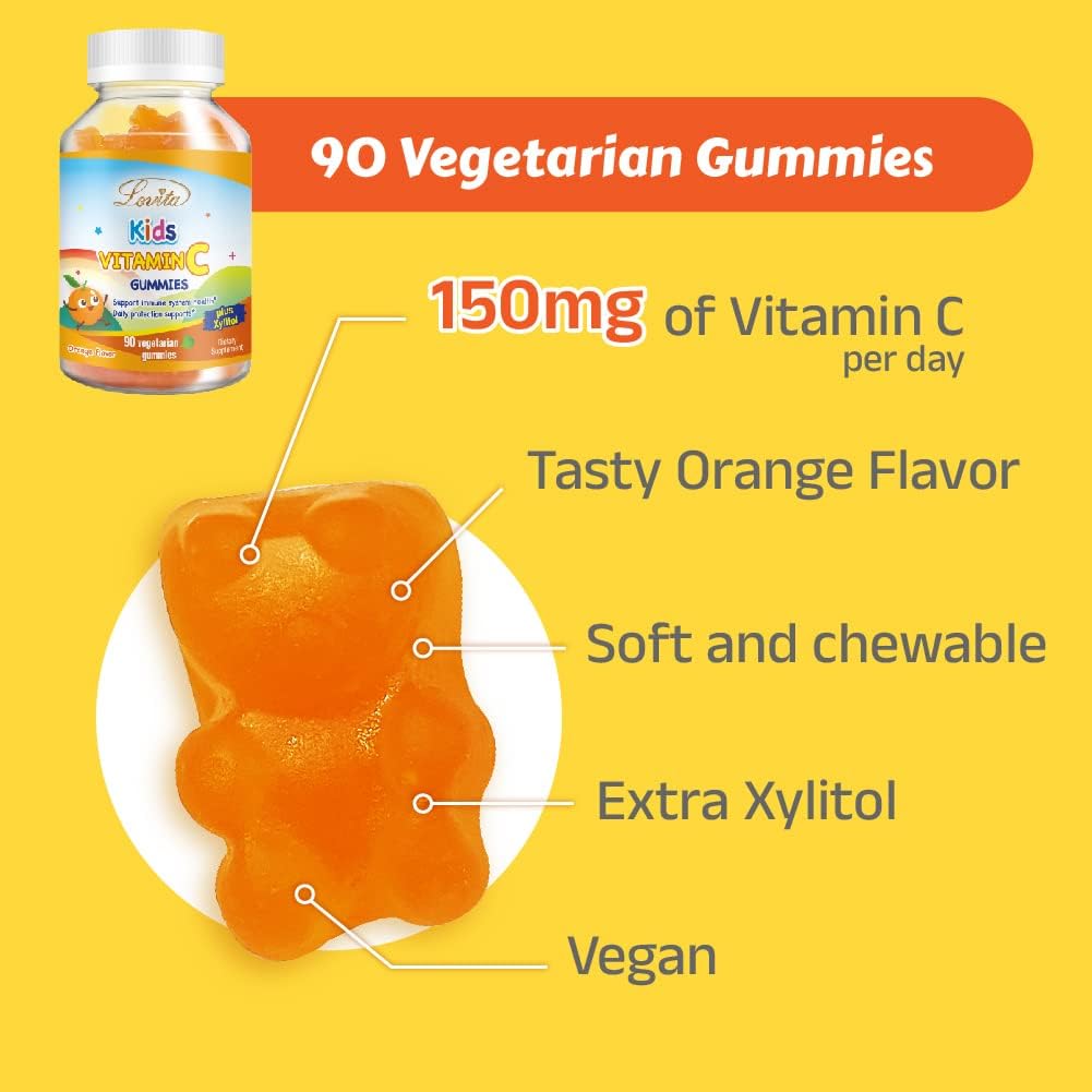 Plant-Based Lovita Kids Vitamin C Gummies - Immune Support with 150mg Vitamin C, Xylitol & Natural Orange Flavor - 90 Gummies