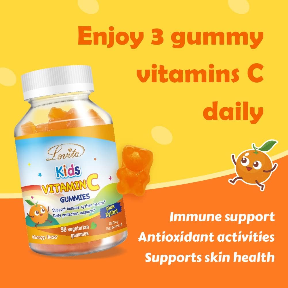 Plant-Based Lovita Kids Vitamin C Gummies - Immune Support with 150mg Vitamin C, Xylitol & Natural Orange Flavor - 90 Gummies