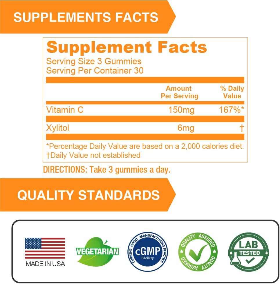 Plant-Based Lovita Kids Vitamin C Gummies - Immune Support with 150mg Vitamin C, Xylitol & Natural Orange Flavor - 90 Gummies