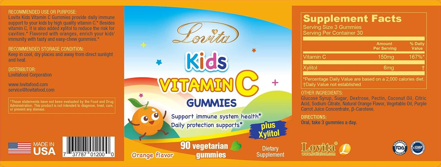 Plant-Based Lovita Kids Vitamin C Gummies - Immune Support with 150mg Vitamin C, Xylitol & Natural Orange Flavor - 90 Gummies