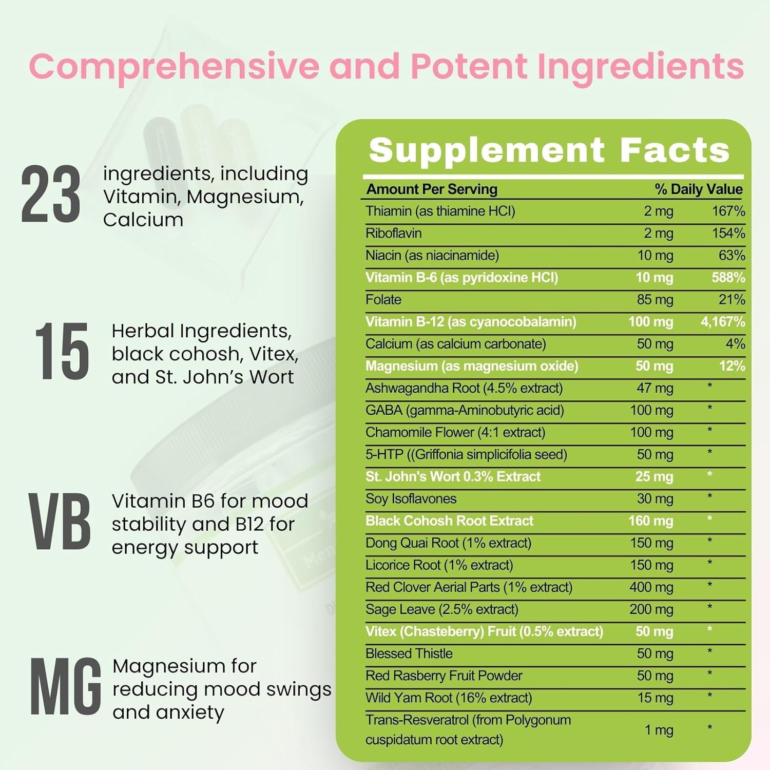 Plant-Based Menopause & PMS Relief Supplement with Magnesium, Black Cohosh, St Johns Wort, Vitex, Ashwagandha & B6 - 30 Servings