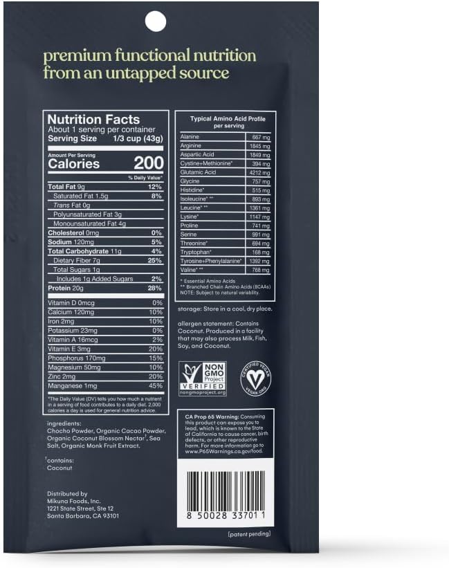 Plant Based Mikuna Vegan Protein Powder in Cacao Flavor - 8 Servings of Superfood Protein with Vitamins, Minerals, and Fiber - Dairy, Gluten, Keto, and Lectin-Free