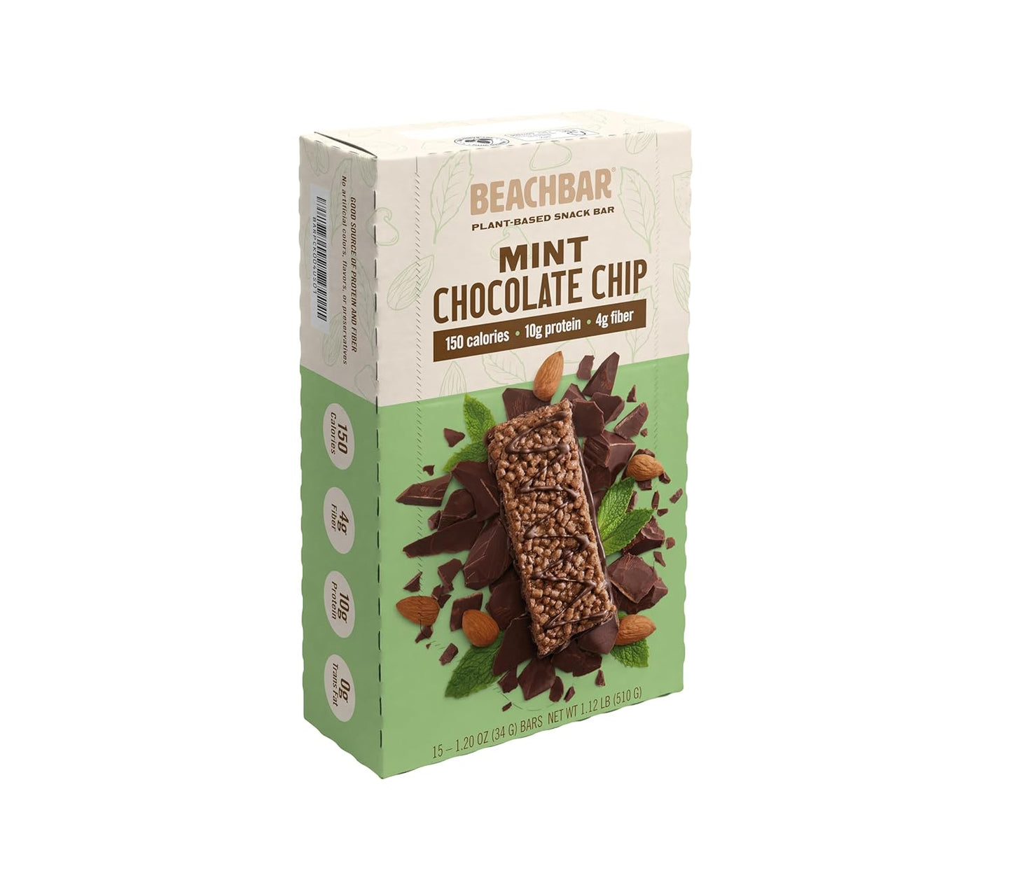 Plant-Based Mint Chocolate Chip Protein Snack Bar - Vegan, Gluten-Free, Low Glycemic, 10g Protein, 150 Calories - 15 Bars