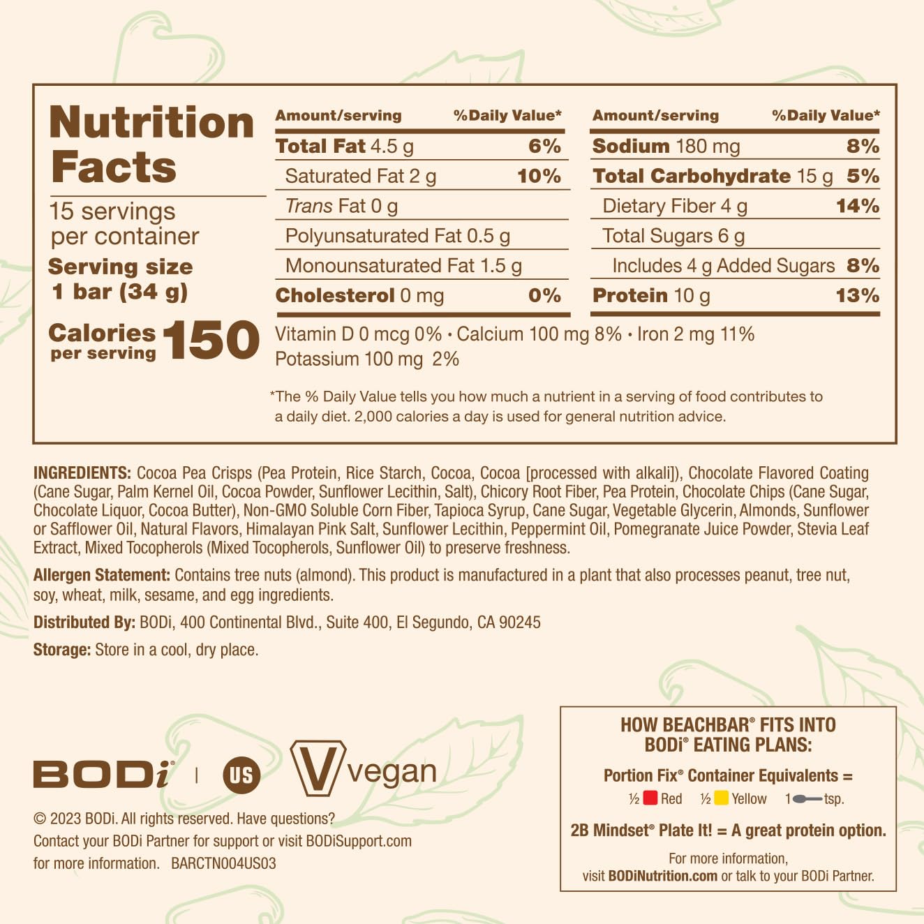 Plant-Based Mint Chocolate Chip Protein Snack Bar - Vegan, Gluten-Free, Low Glycemic, 10g Protein, 150 Calories - 15 Bars
