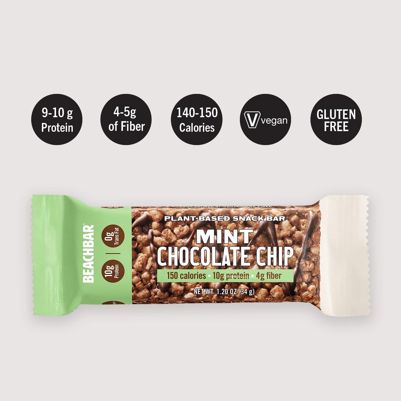 Plant-Based Mint Chocolate Chip Protein Snack Bar - Vegan, Gluten-Free, Low Glycemic, 10g Protein, 150 Calories - 15 Bars