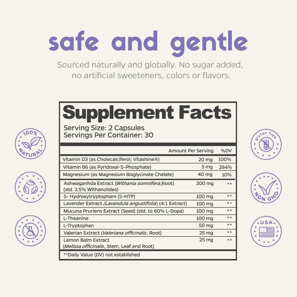 Plant-Based Mood Support Supplement with Ashwagandha, 5-HTP, Lavender, Mucuna, L-tryptophan for Stress Relief, Emotion Balance, and Positivity - 60 Capsules
