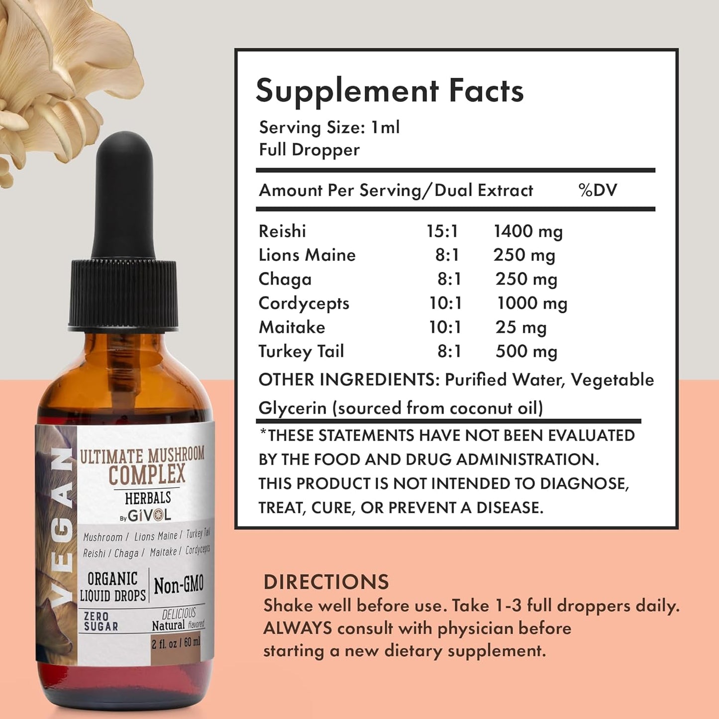 Plant-Based Mushroom Complex Liquid Drops with Vitamin D3 & K2 for Natural Wellness - Vegan Formula with Coconut Oil for Daily Vitality