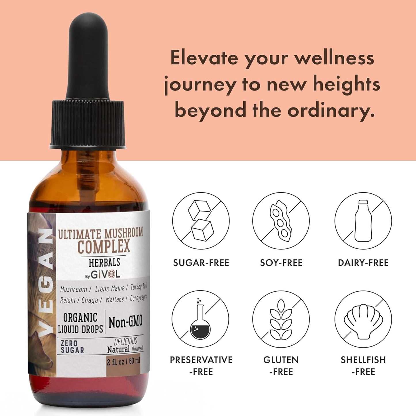 Plant-Based Mushroom Complex Liquid Drops with Vitamin D3 & K2 for Natural Wellness - Vegan Formula with Coconut Oil for Daily Vitality