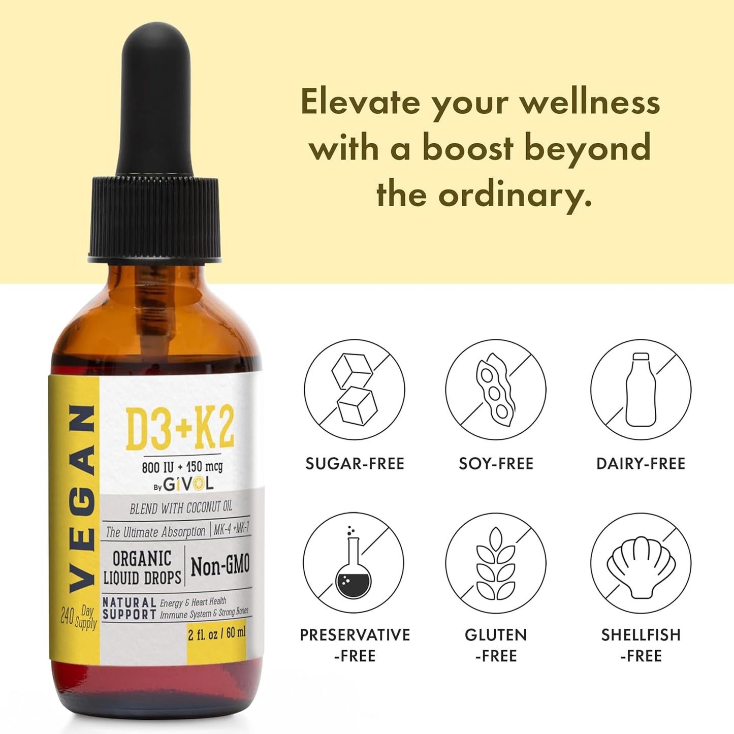 Plant-Based Mushroom Complex Liquid Drops with Vitamin D3 & K2 for Natural Wellness - Vegan Formula with Coconut Oil for Daily Vitality