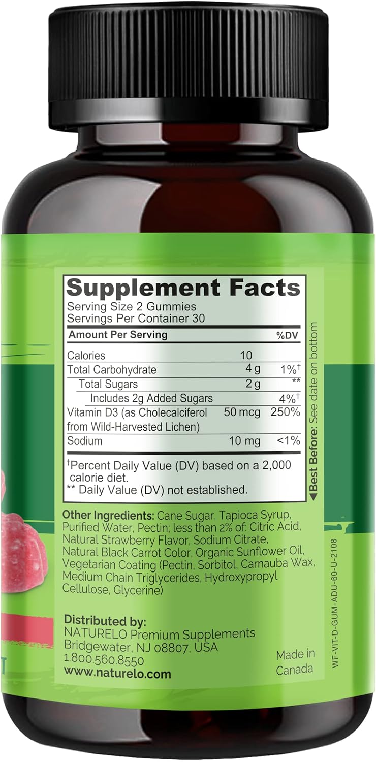 Plant-Based NATURELO Vegan D3 Gummies with 2000 IU Vitamin D3 for Bone, Teeth, & Immune Health - 60 Vegan-Friendly Gummies