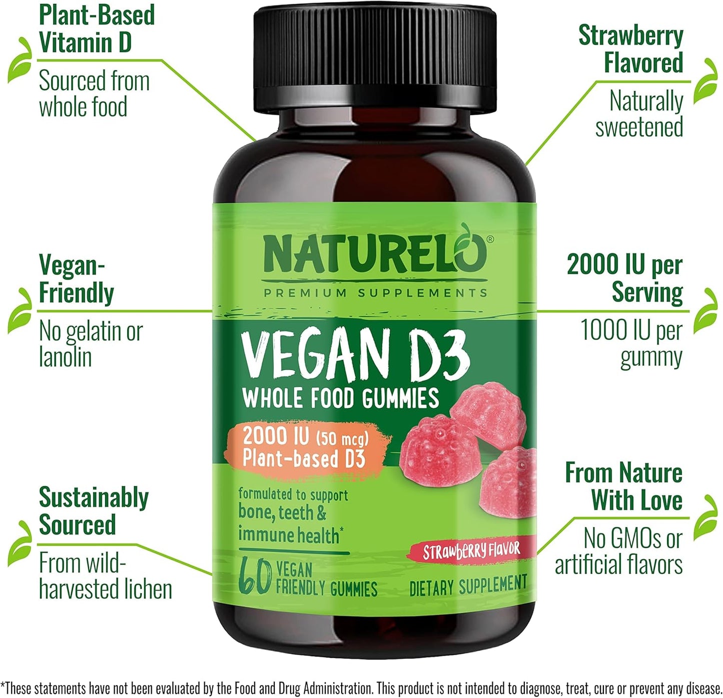 Plant-Based NATURELO Vegan D3 Gummies with 2000 IU Vitamin D3 for Bone, Teeth, & Immune Health - 60 Vegan-Friendly Gummies