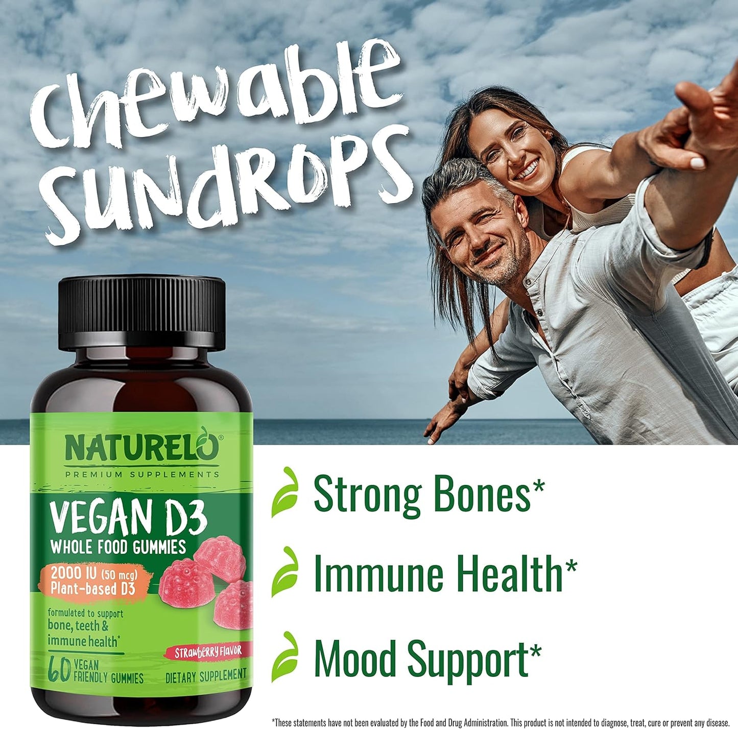 Plant-Based NATURELO Vegan D3 Gummies with 2000 IU Vitamin D3 for Bone, Teeth, & Immune Health - 60 Vegan-Friendly Gummies