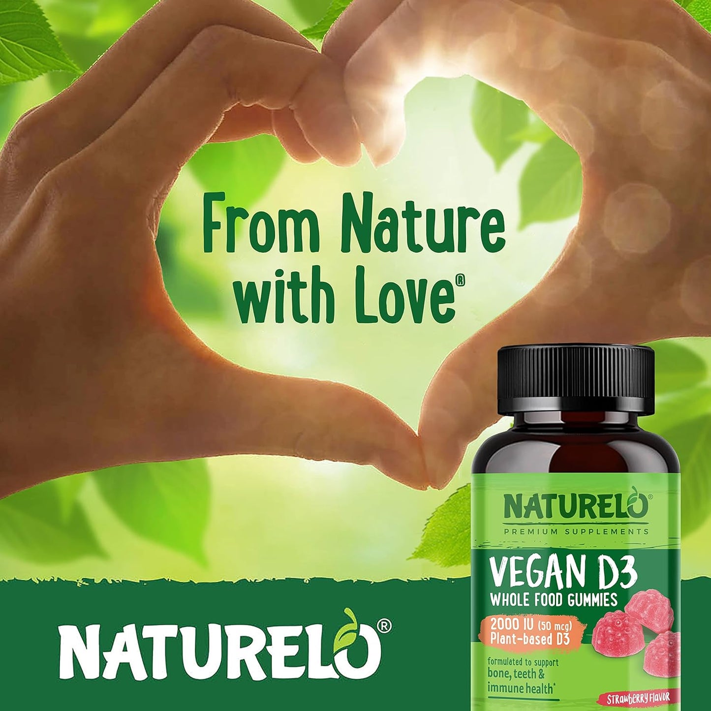 Plant-Based NATURELO Vegan D3 Gummies with 2000 IU Vitamin D3 for Bone, Teeth, & Immune Health - 60 Vegan-Friendly Gummies