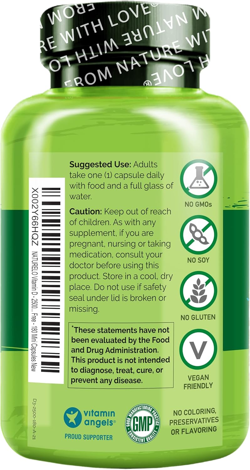 Plant-Based NATURELO Vitamin D and Vegan B12 Combo - 180 Mini Capsules with Methylcobalamin - 90 Capsules of 1000 mcg