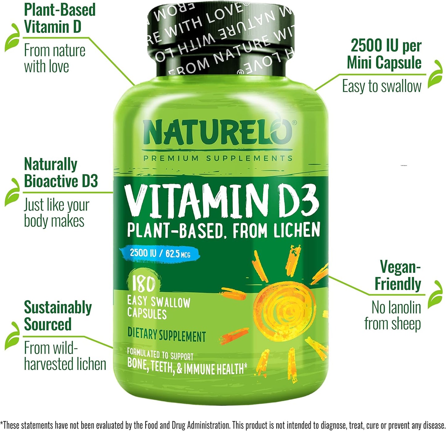 Plant-Based NATURELO Vitamin D and Vegan B12 Combo - 180 Mini Capsules with Methylcobalamin - 90 Capsules of 1000 mcg