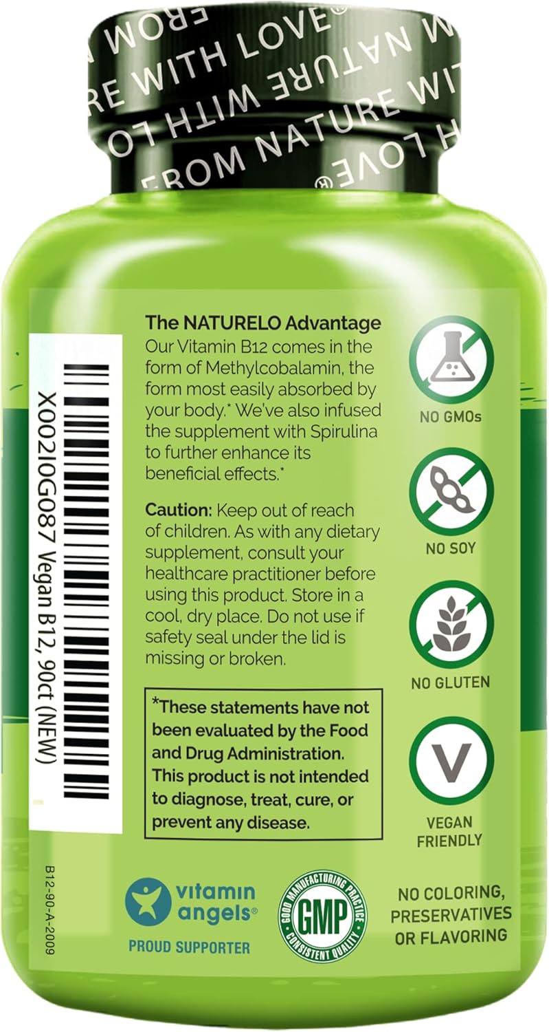 Plant-Based NATURELO Vitamin D and Vegan B12 Combo - 180 Mini Capsules with Methylcobalamin - 90 Capsules of 1000 mcg