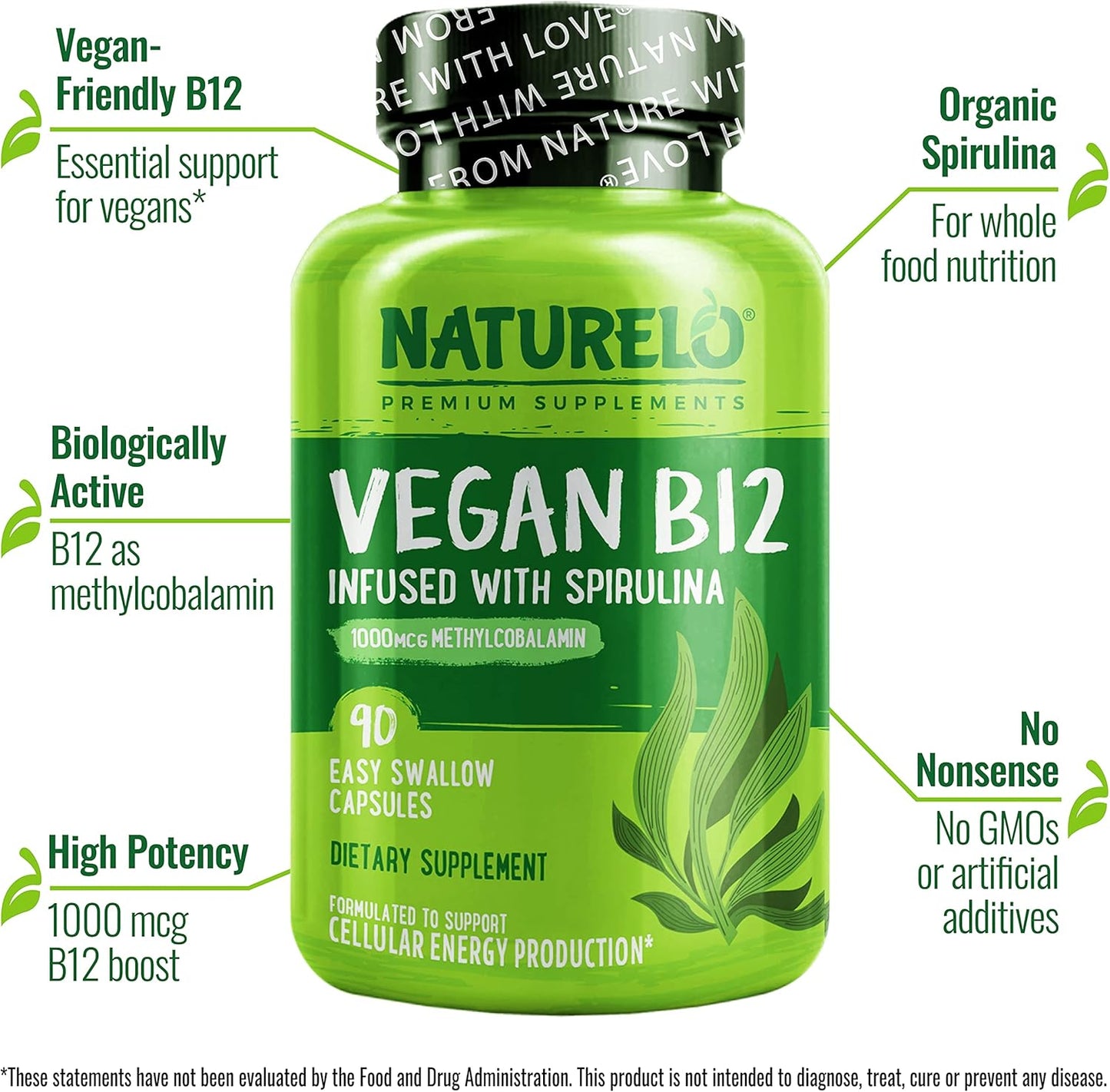 Plant-Based NATURELO Vitamin D and Vegan B12 Combo - 180 Mini Capsules with Methylcobalamin - 90 Capsules of 1000 mcg