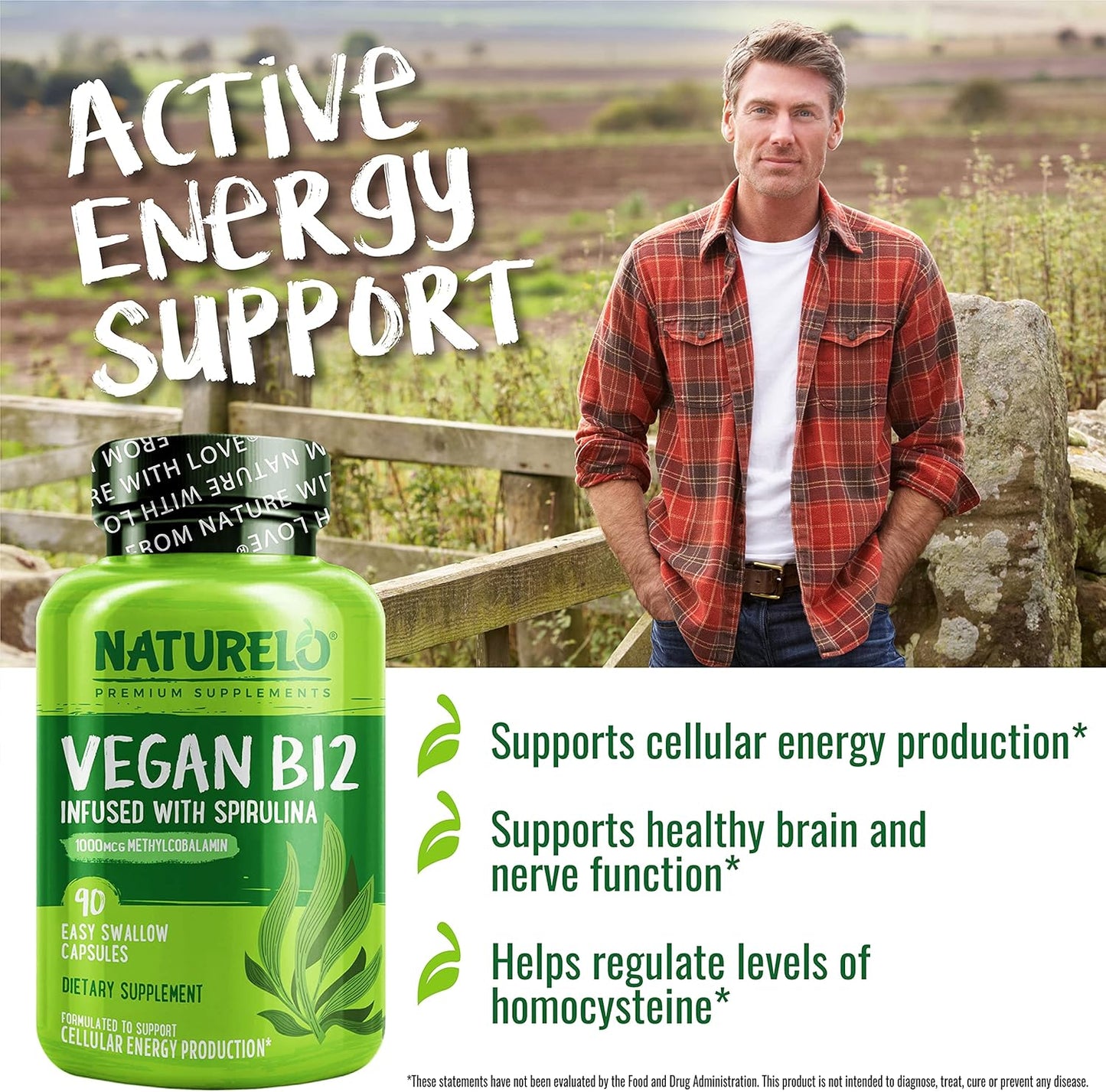 Plant-Based NATURELO Vitamin D and Vegan B12 Combo - 180 Mini Capsules with Methylcobalamin - 90 Capsules of 1000 mcg