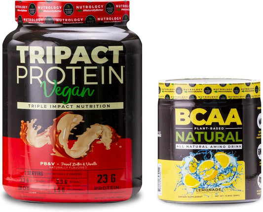 Plant-Based Nutrology TRIPACT Vegan Protein and BCAA Powder Bundle - Peanut Butter Vanilla & Lemonade Flavor (50 Servings)