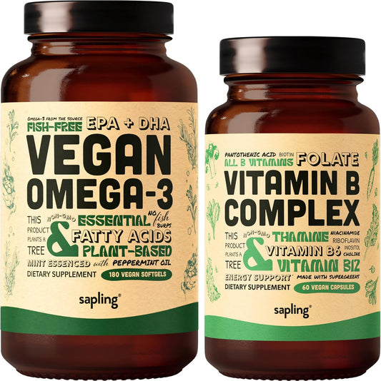 Plant-Based Omega 3 & B Vitamin Complex Bundle - Vegan DHA & EPA Fatty Acids, Essential B Vitamins with Whole Food Blend - 180 Softgels